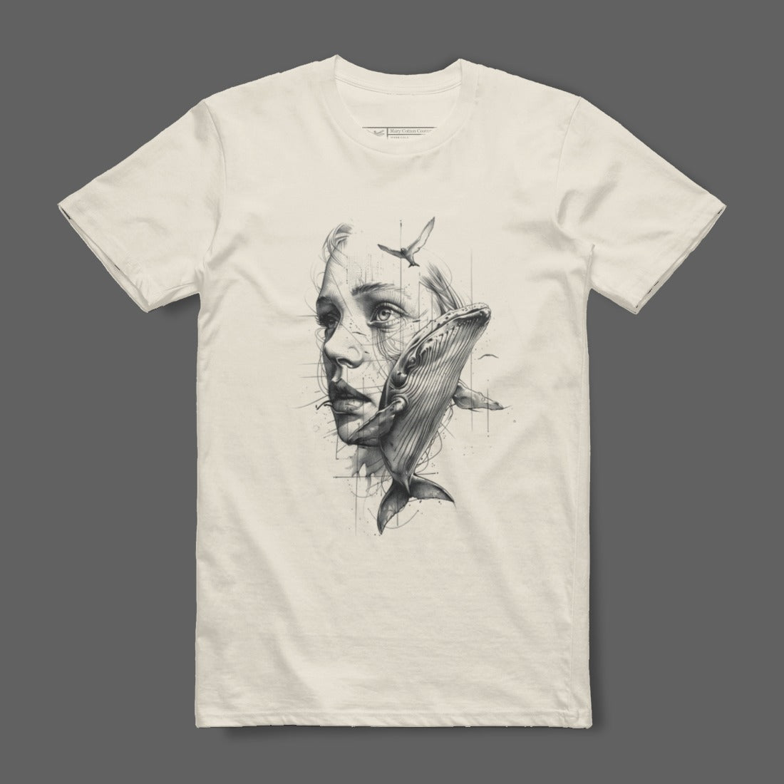 Thoughtful face and whale design t-shirt