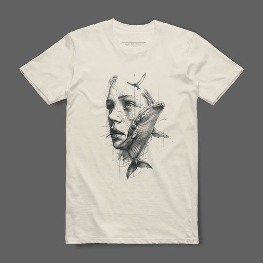 Thoughtful face and whale design t-shirt