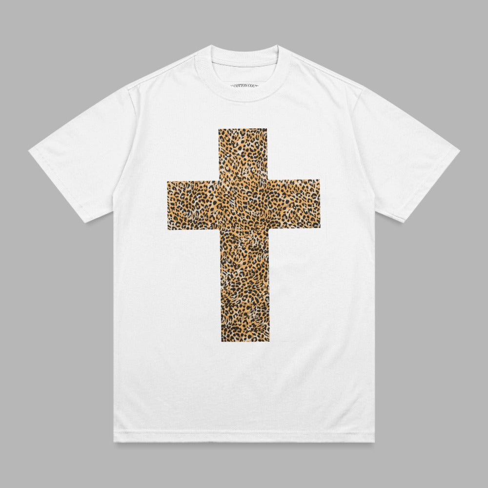 White t-shirt with a large leopard print cross graphic.