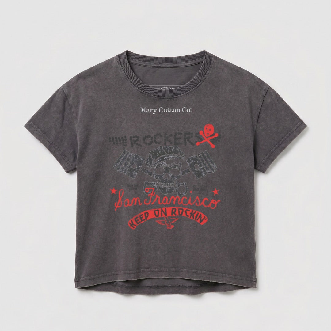 Gray t-shirt with "Rockers" and "San Francisco" text, skull graphic.