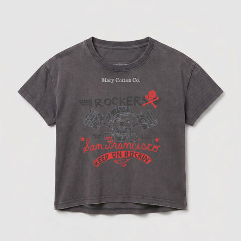 Gray t-shirt with "Rockers" and "San Francisco" text, skull graphic.