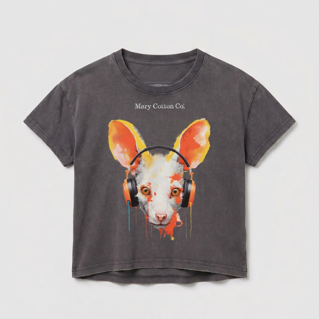 Dark grey t-shirt with colorful painted dog wearing headphones, "Mary Cotton Co." text.