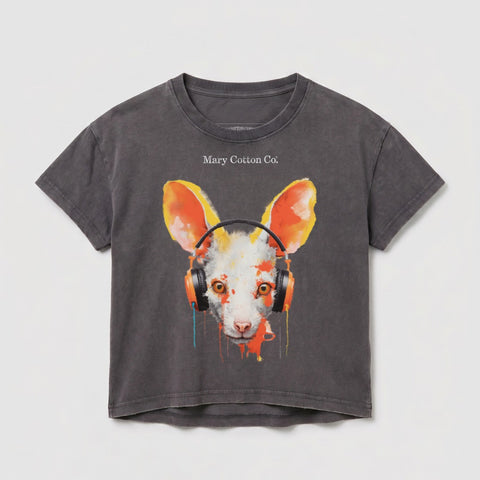 Dark grey t-shirt with colorful painted dog wearing headphones, "Mary Cotton Co." text.