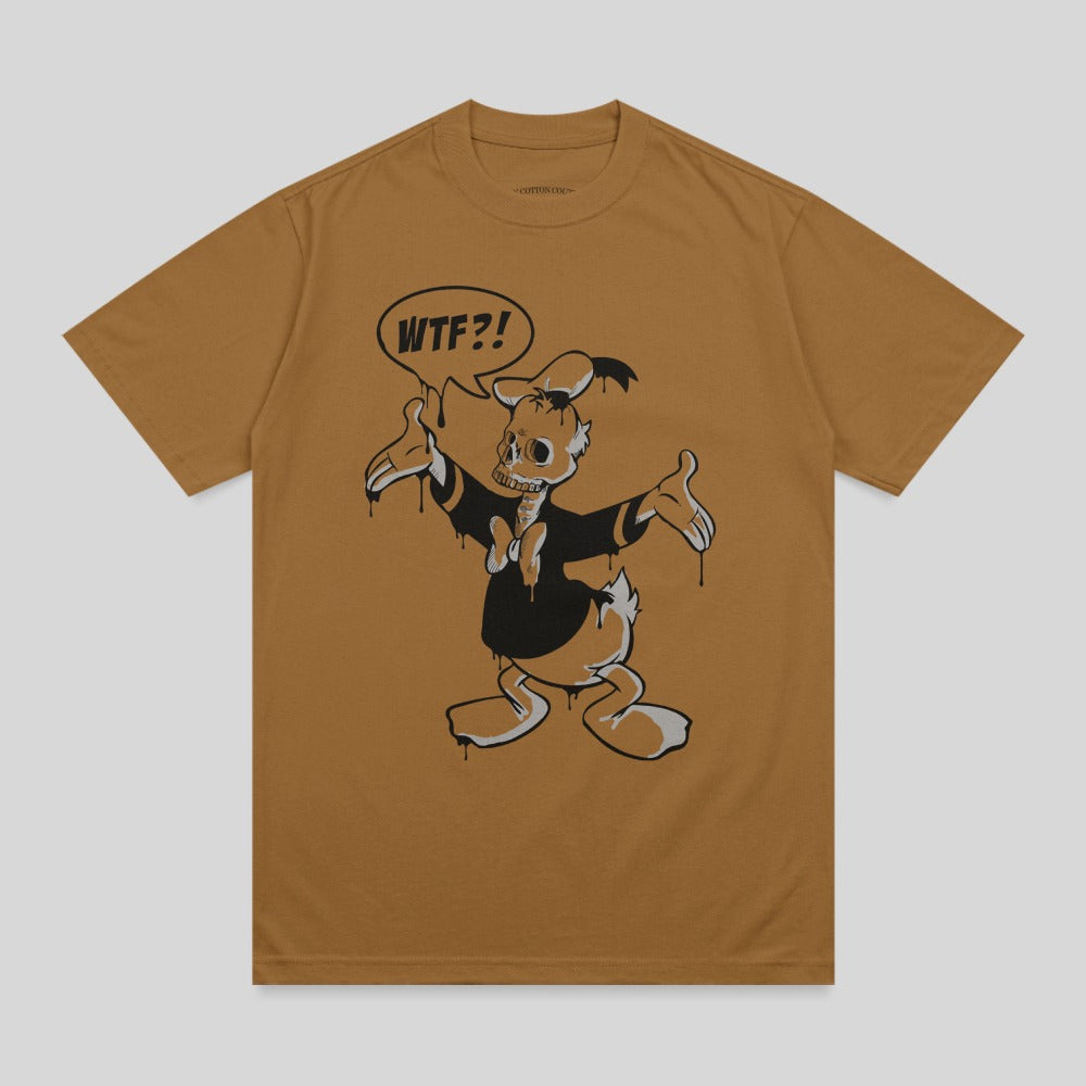 Brown t-shirt featuring a melting, skeletal cartoon duck with "WTF?!" speech bubble.