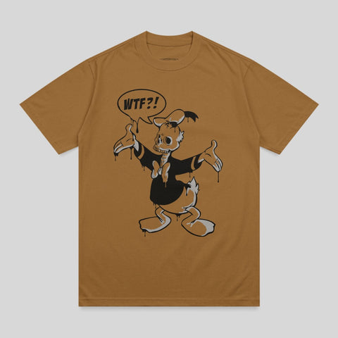 Brown t-shirt featuring a melting, skeletal cartoon duck with "WTF?!" speech bubble.
