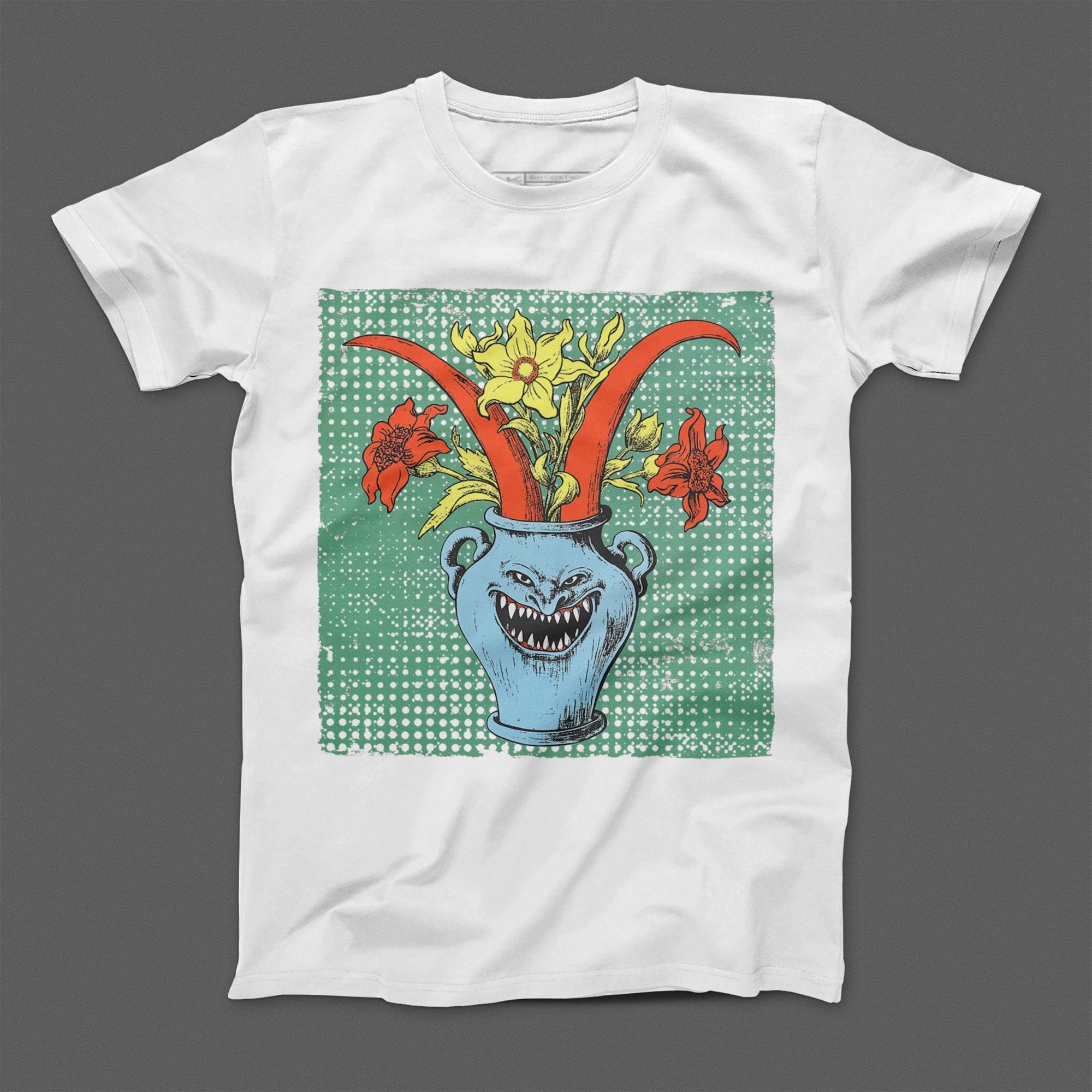 Creepy Cartoon Face Floral Design Graphic T-Shirt