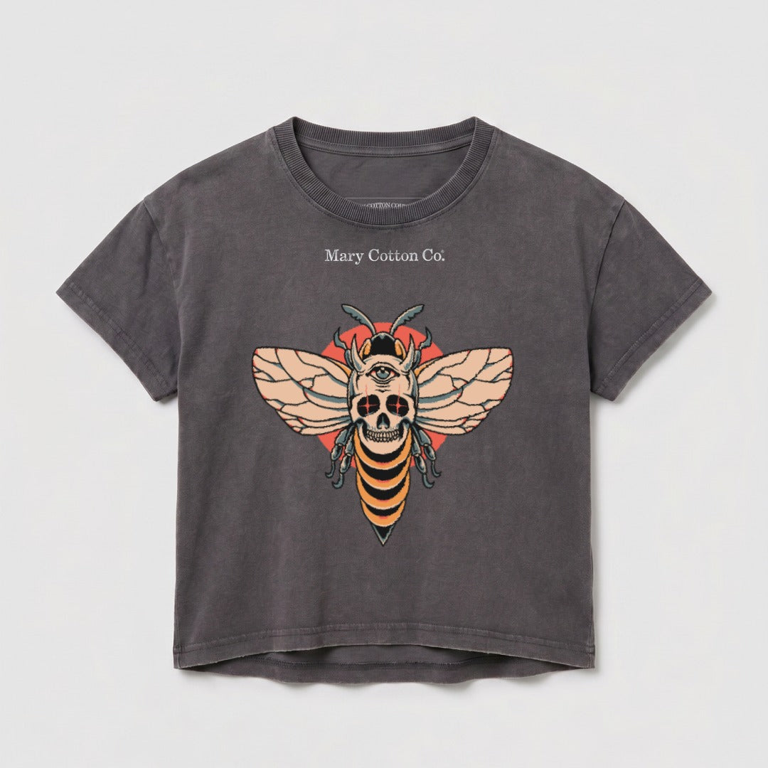 Dark grey t-shirt with a stylized bee-skull graphic and "Mary Cotton Co." text.