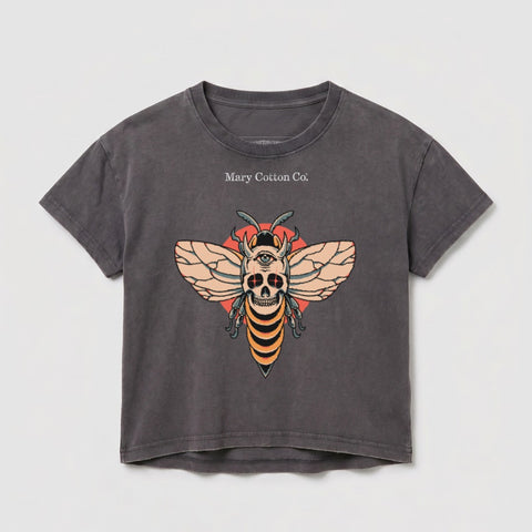 Dark grey t-shirt with a stylized bee-skull graphic and "Mary Cotton Co." text.