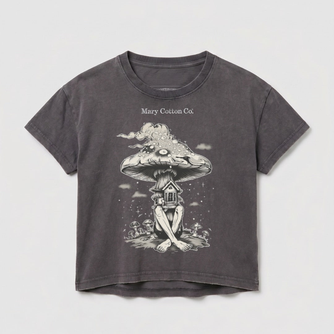 Dark grey cropped t-shirt with mushroom house graphic and "Mary Cotton Co." text.