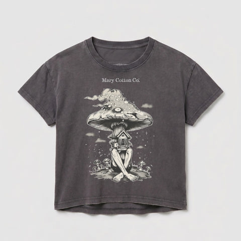 Dark grey cropped t-shirt with mushroom house graphic and "Mary Cotton Co." text.