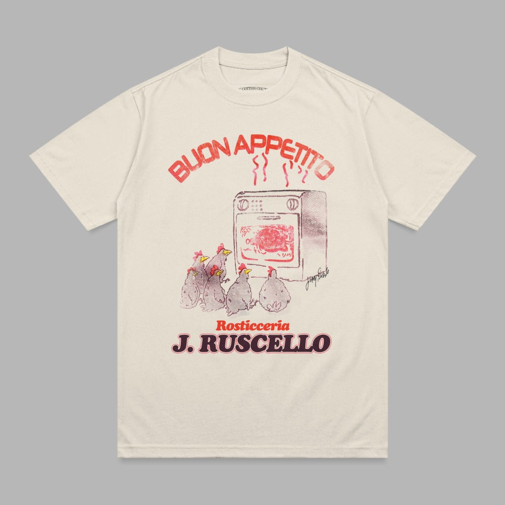 Cream t-shirt with "Buon Appetito" graphic and rotisserie chicken illustration.