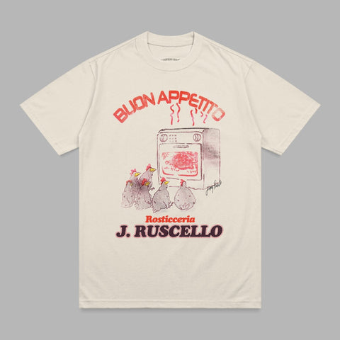Cream t-shirt with "Buon Appetito" graphic and rotisserie chicken illustration.