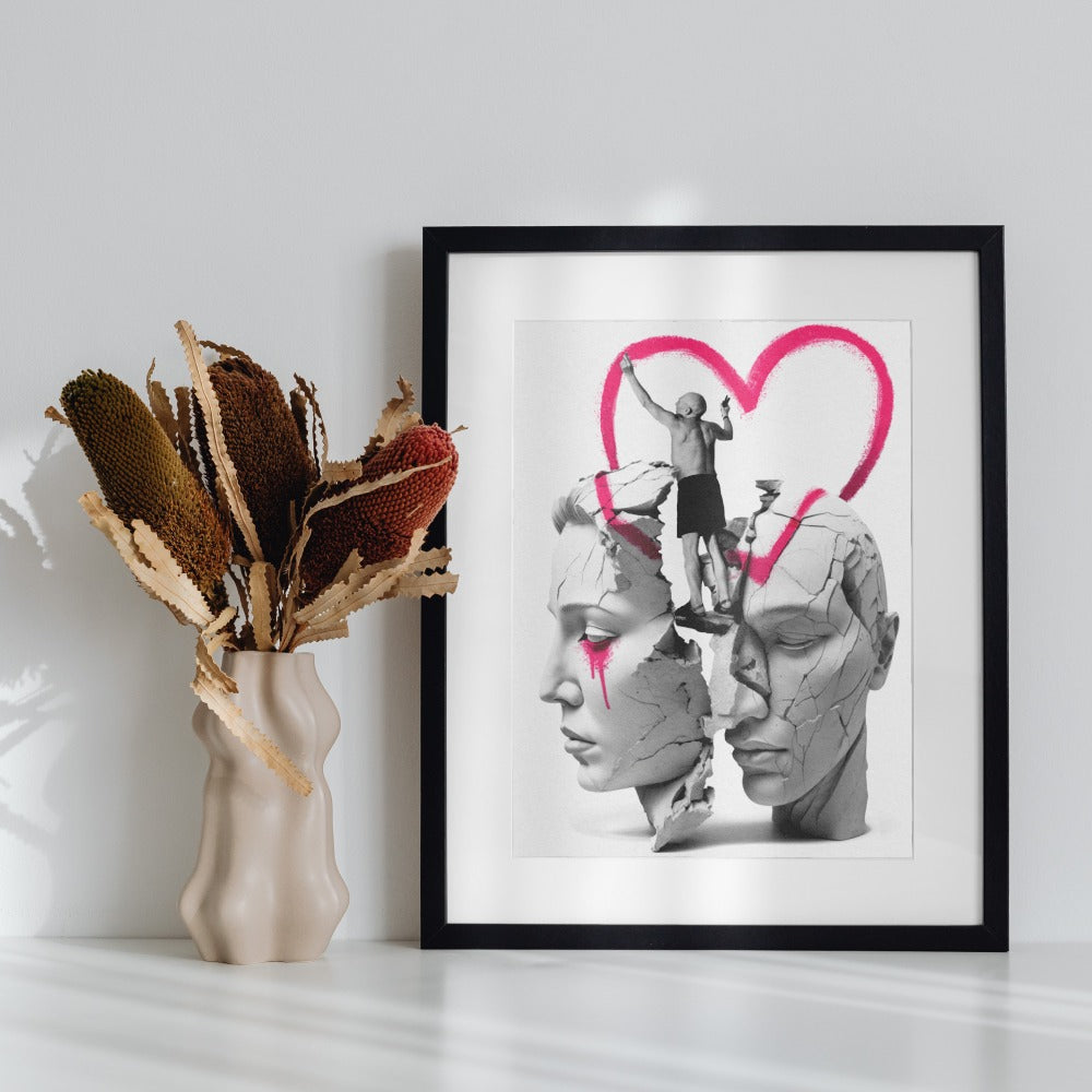 Pink Heart Art Print with Abstract Figure Artwork