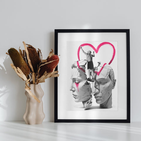Pink Heart Art Print with Abstract Figure Artwork