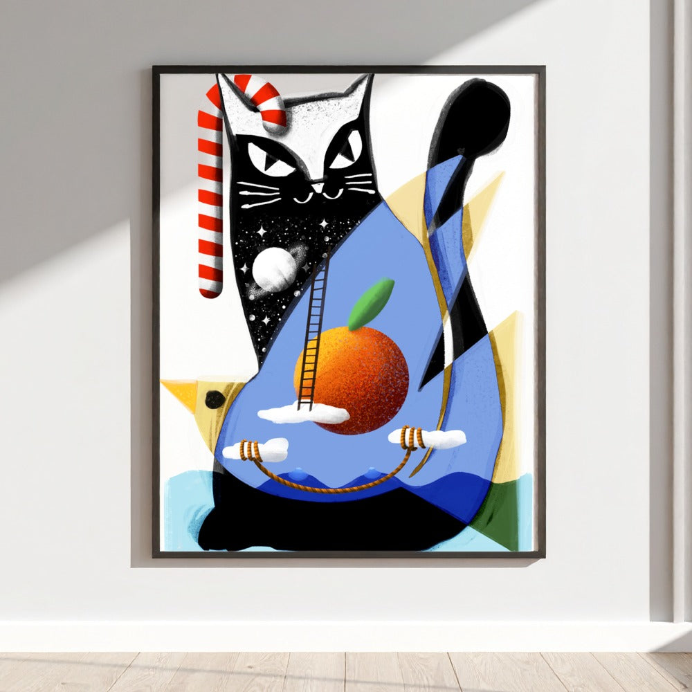Abstract Cat with Fruits and Stars Art print