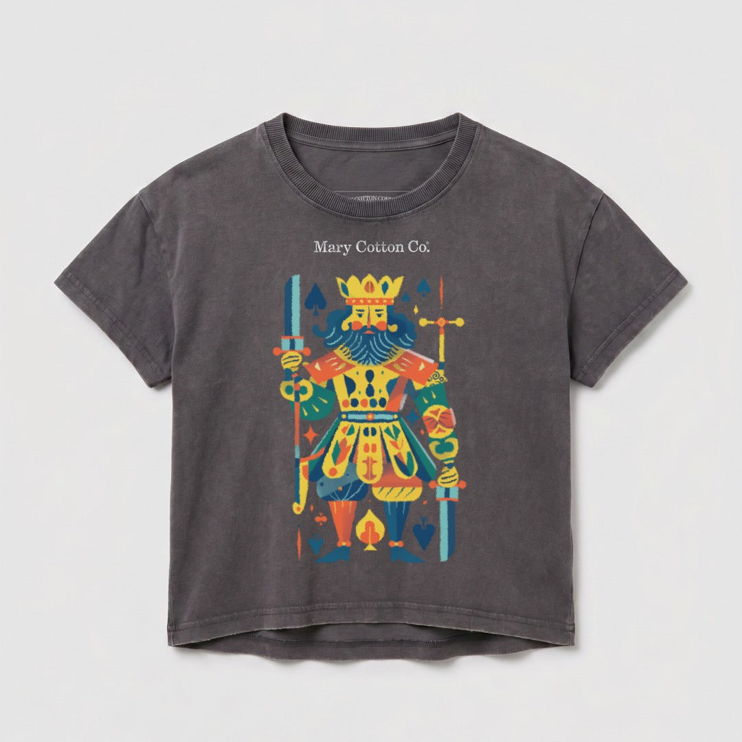 King playing card graphic on a dark gray cotton t-shirt.