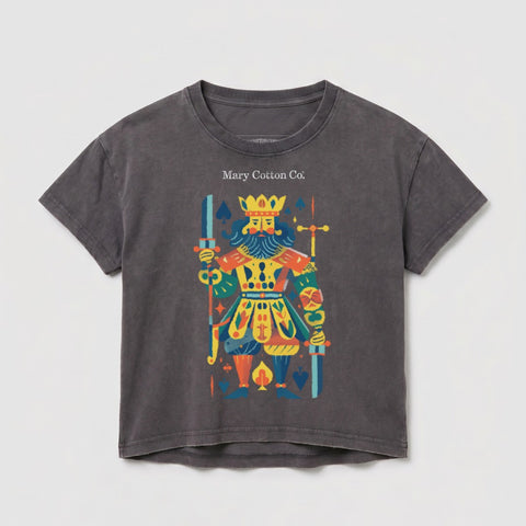 King playing card graphic on a dark gray cotton t-shirt.
