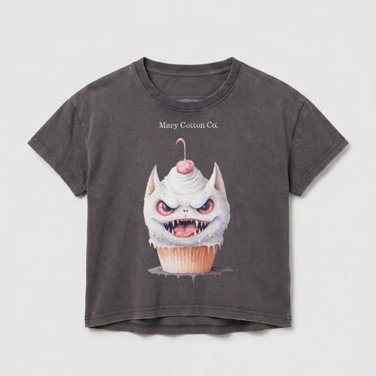 Dark grey t-shirt with a cartoon monster cupcake design and "Mary Cotton Co." text.