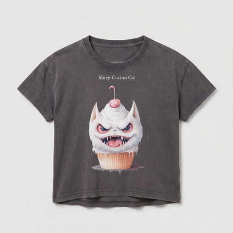 Dark grey t-shirt with a cartoon monster cupcake design and "Mary Cotton Co." text.