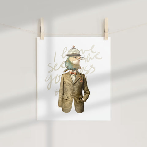 Bird in a Suit with Birdcage Hat Art Print Poster