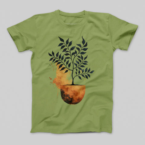 Artistic Potted Plant Graphic Tee Shirt Green Design