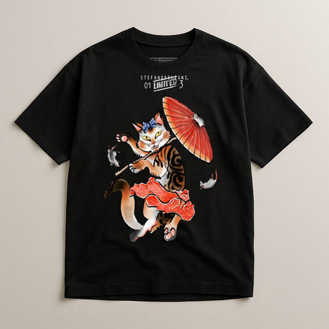 Limited Edition Black T-Shirt with Playful Cat Design
