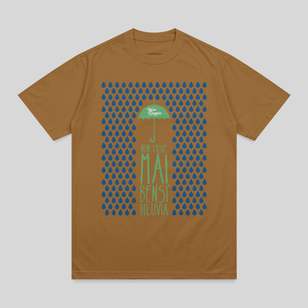 Brown t-shirt with green text and blue raindrops graphic.