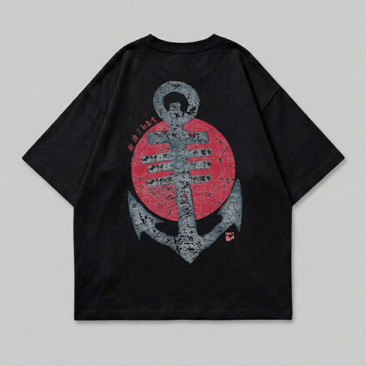 Black t-shirt with large grey anchor and red circle graphic on back.