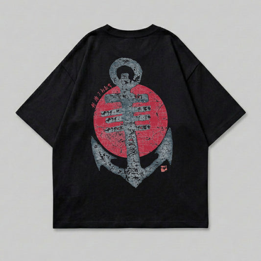 Black t-shirt with large grey anchor and red circle graphic on back.