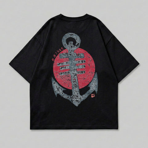 Black t-shirt with large grey anchor and red circle graphic on back.