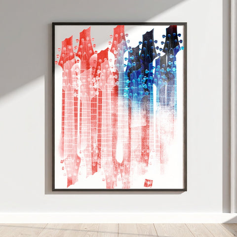 Abstract Guitar Neck Art Print in Red and Blue