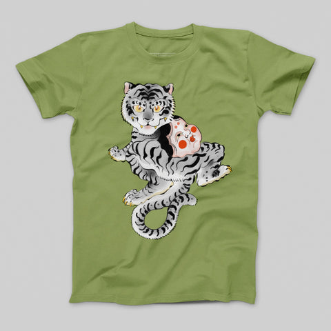 Playful White Tiger with Cute Mask Printed T-shirt