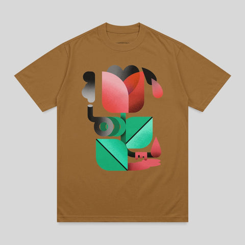 Brown t-shirt with abstract red and green graphic featuring a stylized plant.