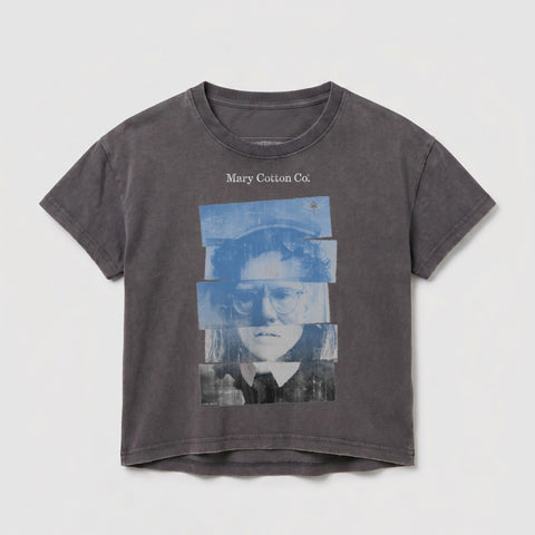 Gray t-shirt with Warhol-esque portrait in blue and black stripes.