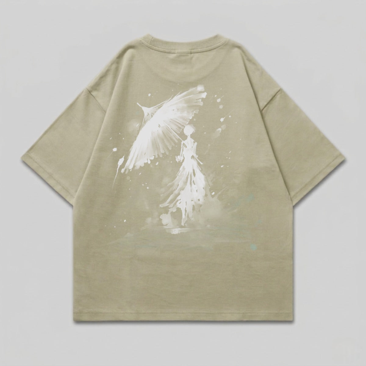 Ethereal Figure Umbrella Graphic Print Short Sleeve product type
Oversized tee, Graphic print, Ethereal design, Khaki t-shirt, Umbrella art, Woman figure, Streetwear top, Casual shirt, Short sleeve, Artistic tee, Painterly style, Splatter print, Beige apparel, Relaxed fit, Unisex fashion, Summer top, Spring shirt, Abstract graphic, Back print, Crew neck