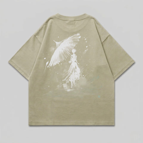 Ethereal Figure Umbrella Graphic Print Short Sleeve product type
Oversized tee, Graphic print, Ethereal design, Khaki t-shirt, Umbrella art, Woman figure, Streetwear top, Casual shirt, Short sleeve, Artistic tee, Painterly style, Splatter print, Beige apparel, Relaxed fit, Unisex fashion, Summer top, Spring shirt, Abstract graphic, Back print, Crew neck
