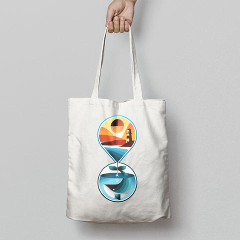 Abstract Lighthouse and Whale Design Tote Bag