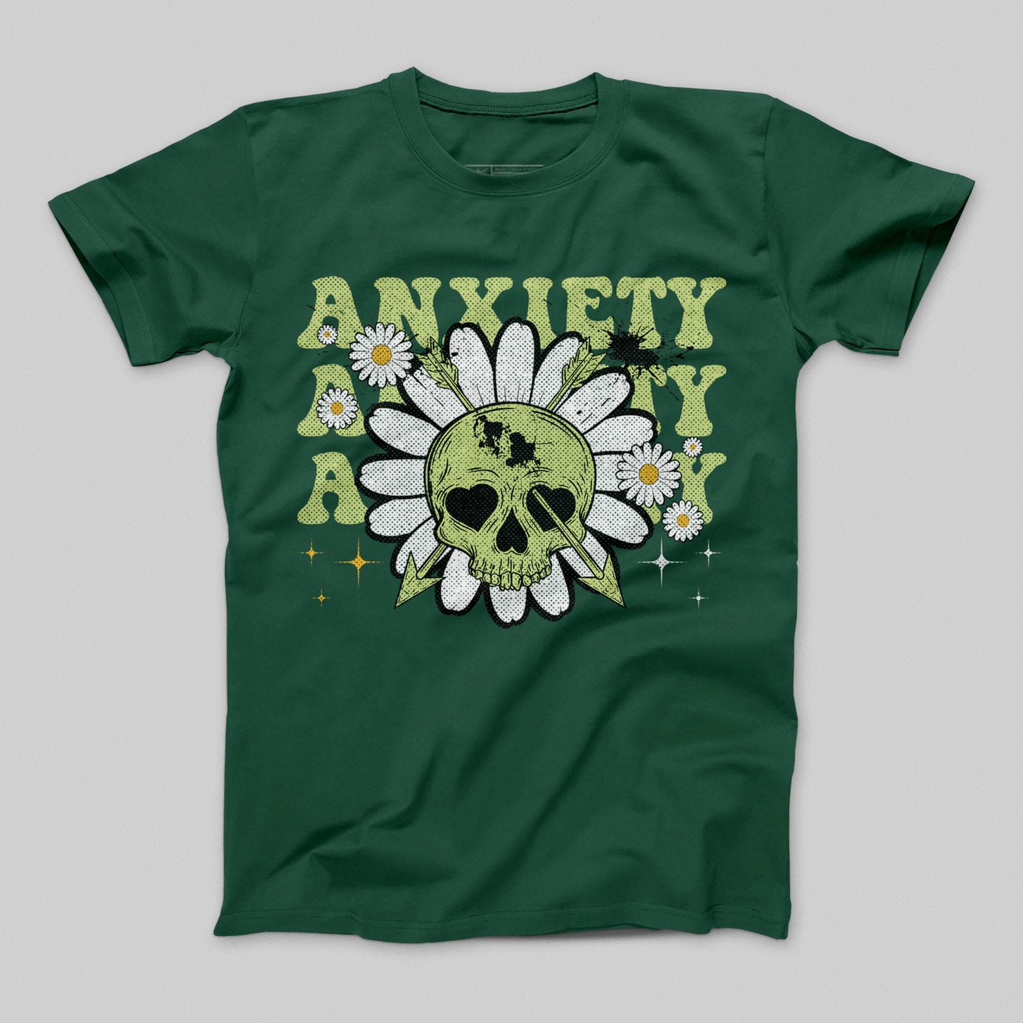 Anxiety Flower Skull Graphic Dark Green T-Shirt