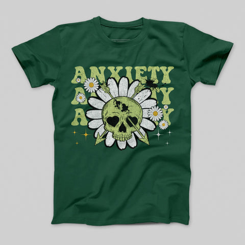Anxiety Flower Skull Graphic Dark Green T-Shirt