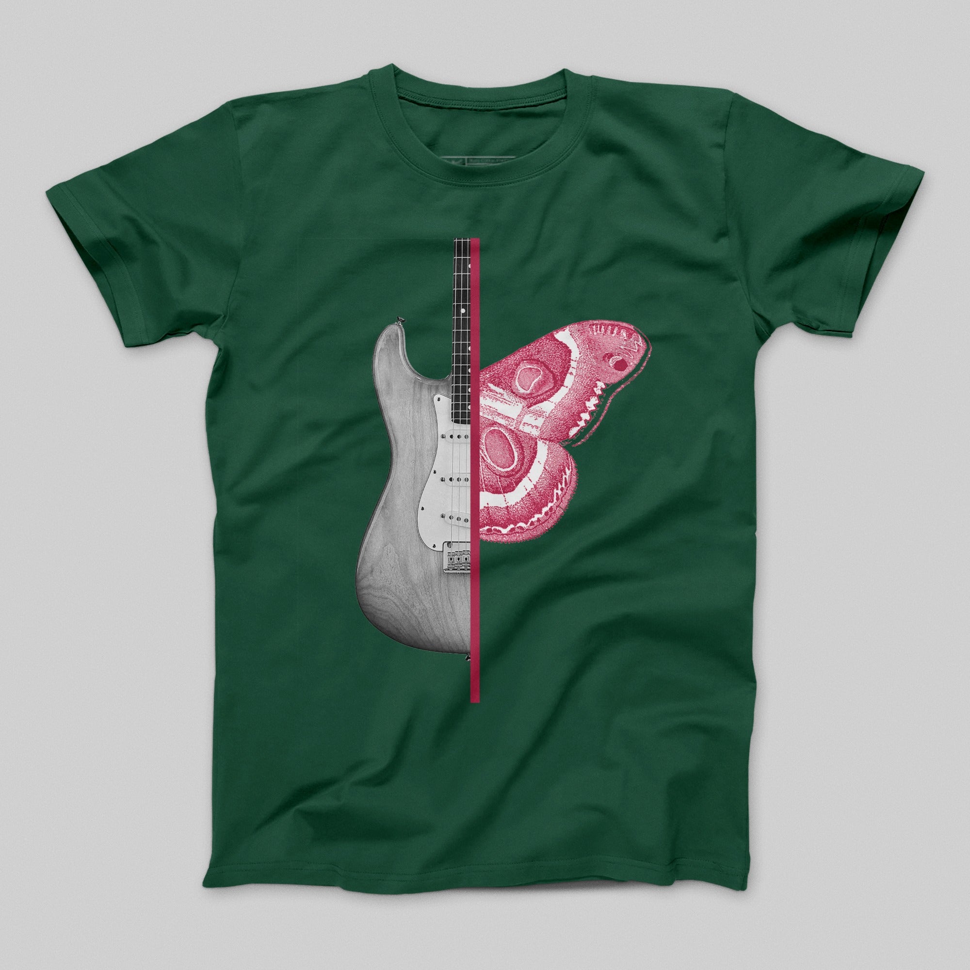 Guitar and Butterfly Design Green T-Shirt