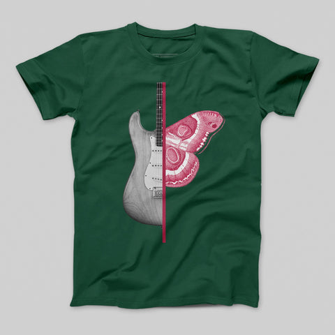 Guitar and Butterfly Design Green T-Shirt