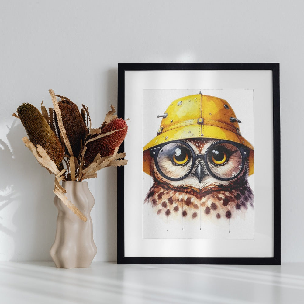 Owl With Yellow Hat Glasses Framed Art Print for Walls