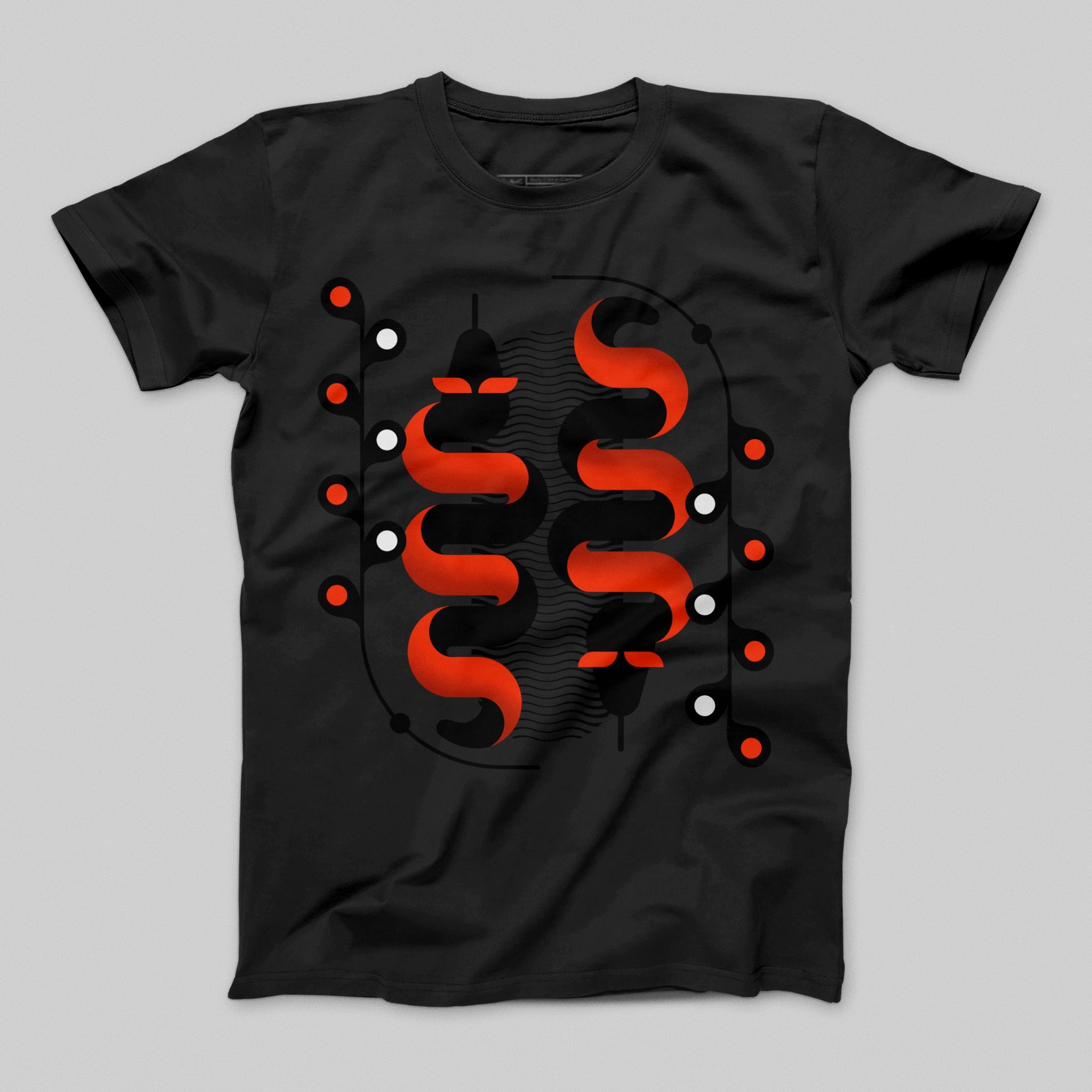 Black T-shirt with Red Geometric Pattern Design Product