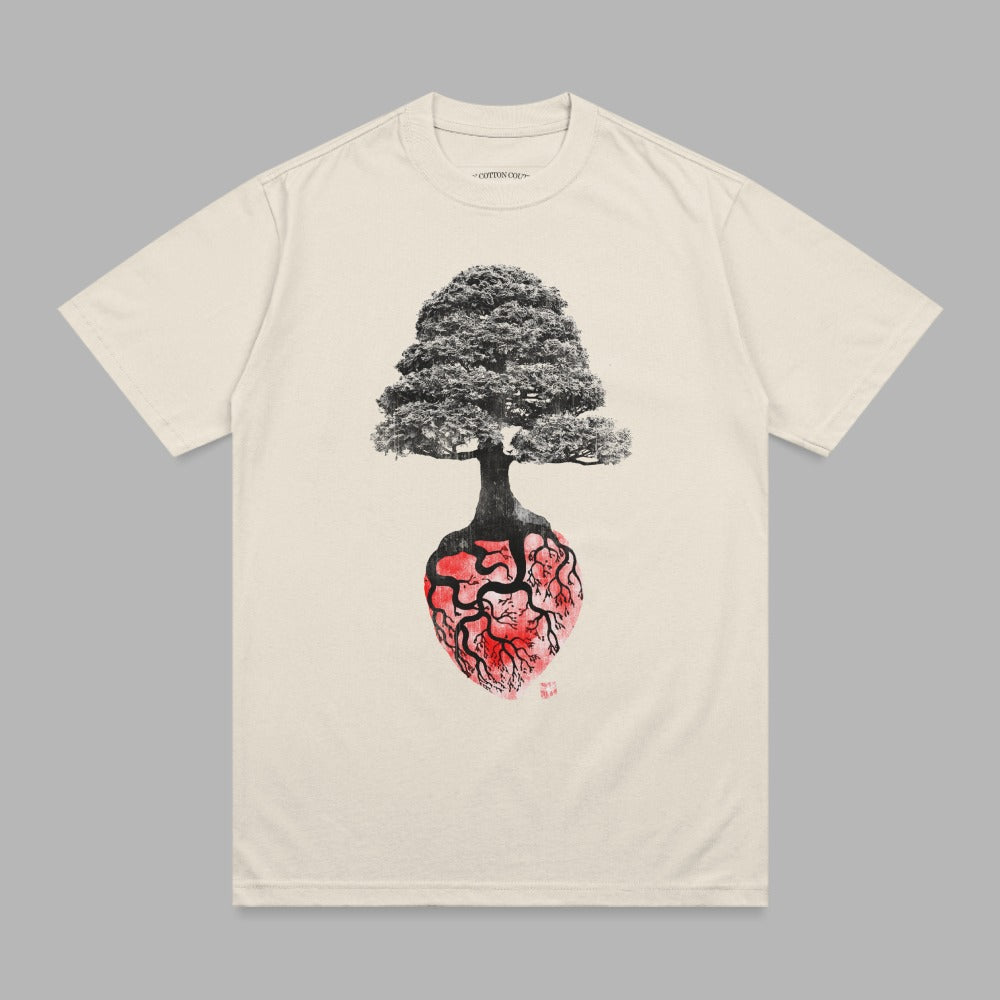T-shirt graphic featuring a tree growing from a stylized anatomical heart.