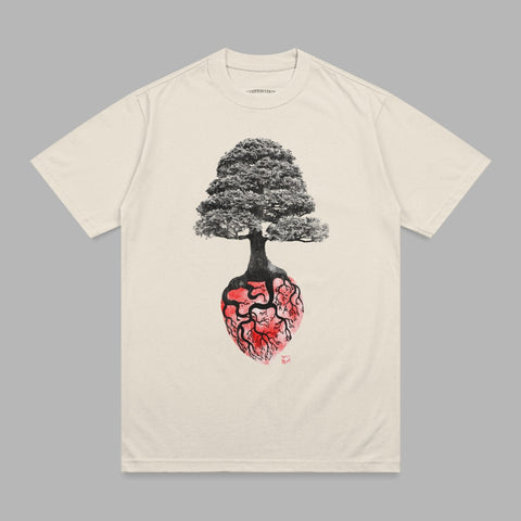 T-shirt graphic featuring a tree growing from a stylized anatomical heart.