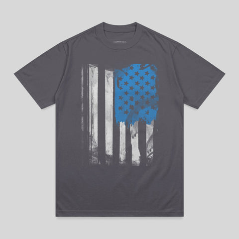 Charcoal t-shirt with distressed American flag graphic featuring blue stars.