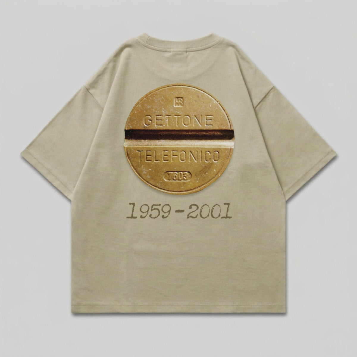 Tan t-shirt with circular "GETTONE TELEFONICO" graphic and "1959-2001" text.