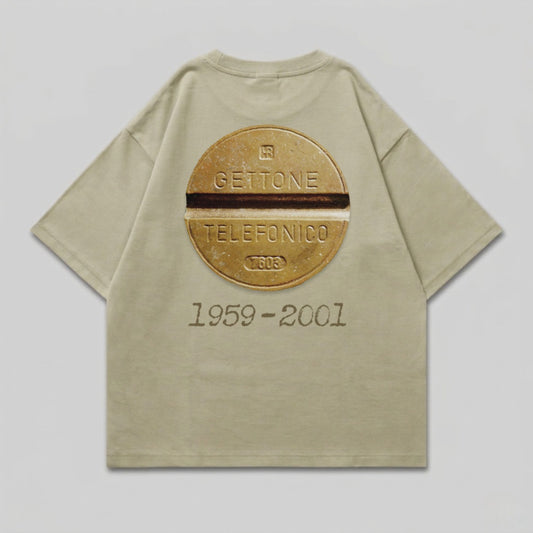 Tan t-shirt with circular "GETTONE TELEFONICO" graphic and "1959-2001" text.