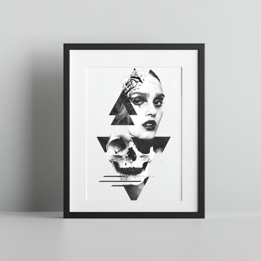 Geometric Skull and Woman Art Print in Black and White