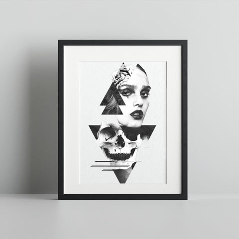 Geometric Skull and Woman Art Print in Black and White